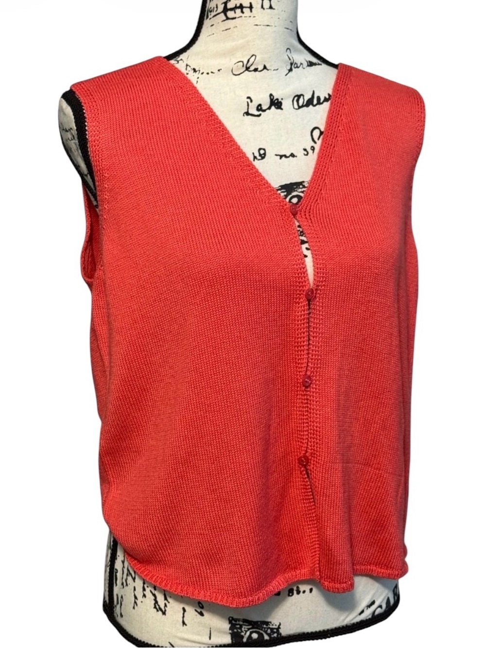 Wishlist Apparel V-Neck Button-Front Knit Sweater Vest - Vibrant Coral Red Sz L